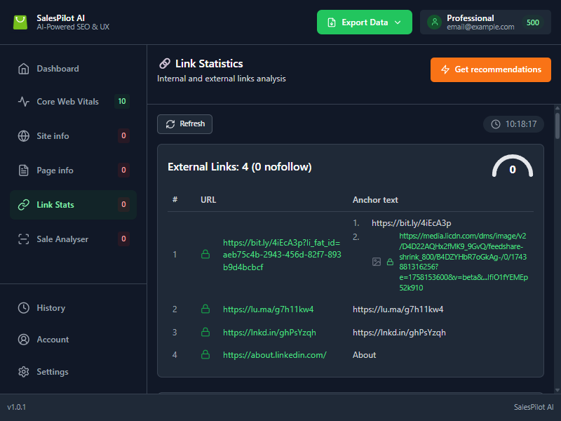 Link Analysis & Structure dashboard screenshot